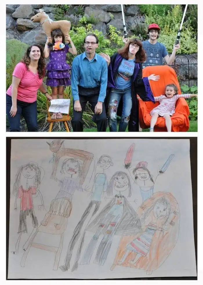 Моя семья: родители, забавно воссоздавшие рисунки своих детей