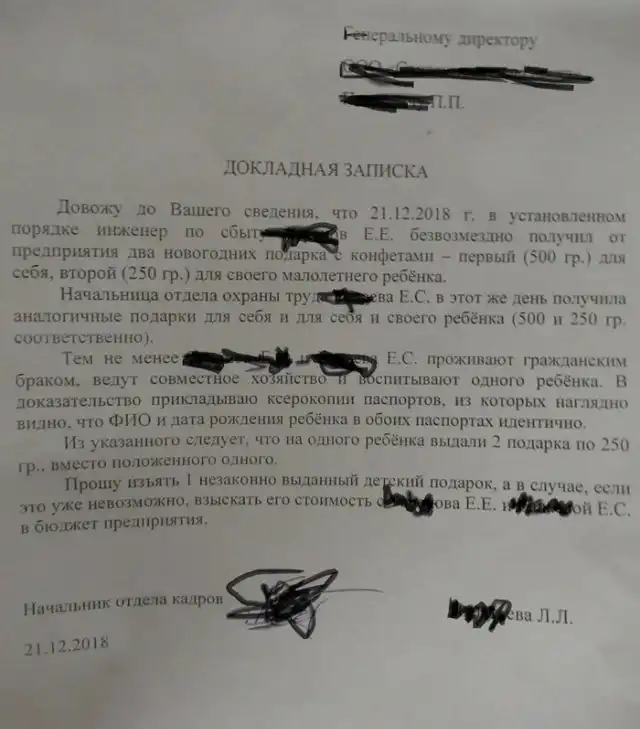 Докладная записка генеральному директору предприятия