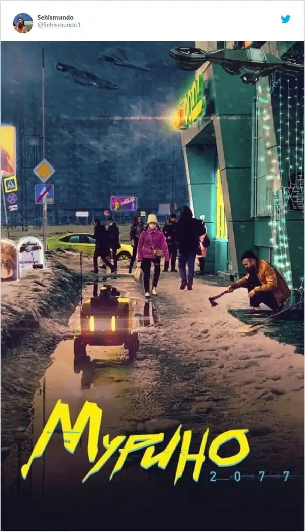 Киберпанк из Мурино: фото с роботом и парнем с топором покорило Твиттер