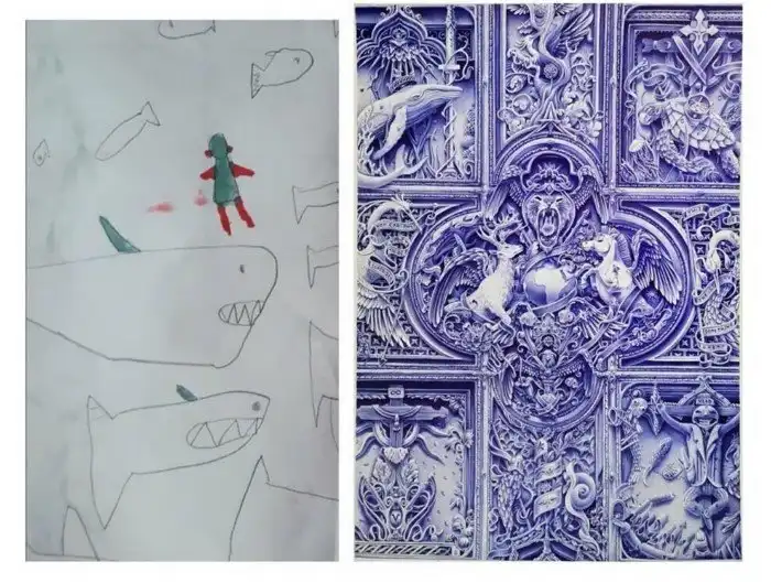 Парень делает рисунки простой ручкой и карандашом