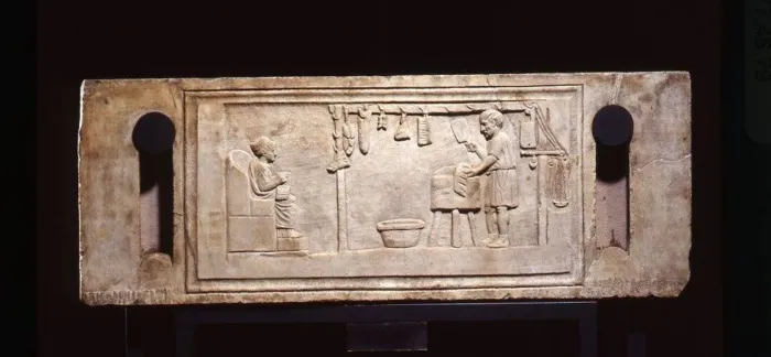 Окно в прошлое. Древний Рим, супружеская пара, работающая вместе в мясной лавке, II век. н.э