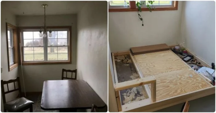Эволюция пространства: фотографии до и после ремонта кухни в старинном доме 1950-х годов.