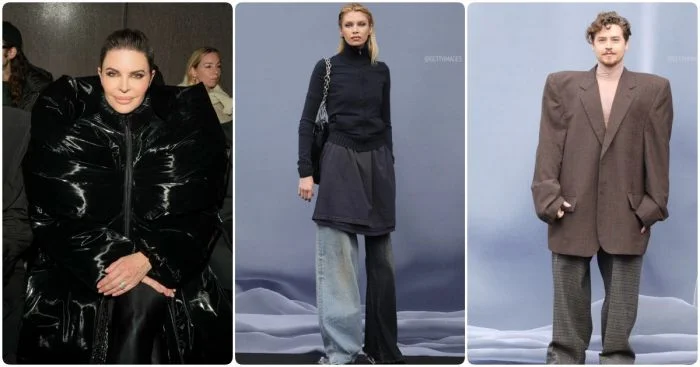 Экстравагантная мода: знаменитости пришли на показ Balenciaga в грязных штанах и куртках размером с дом