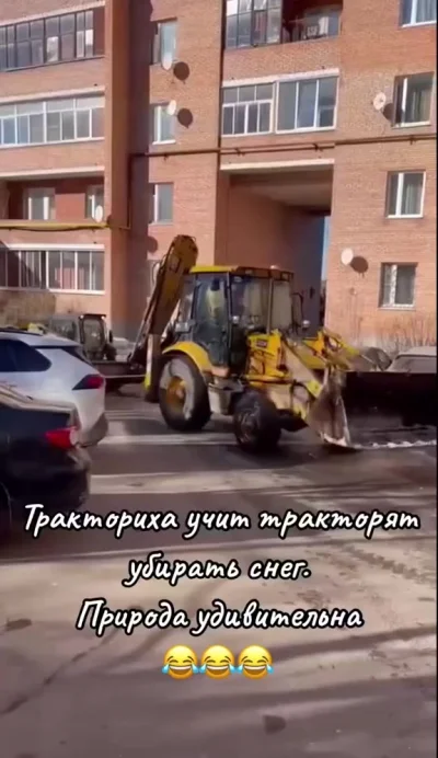 Тракториха учит тракторят убирать снег