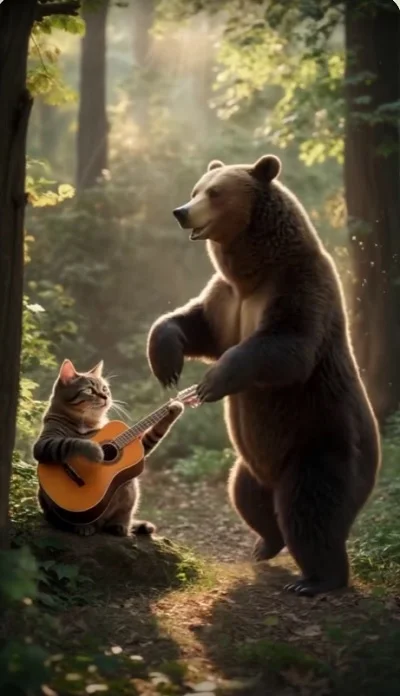 Котэ играет на гитаре, медведь танцует