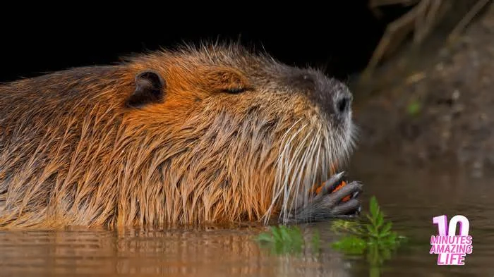 Нутрия в тишине ест морковку и шевелит усиками