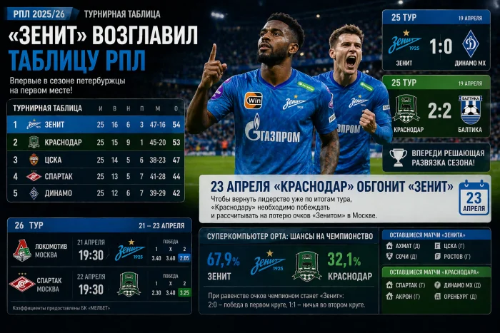 23 апреля «Краснодар» обгонит «Зенит»