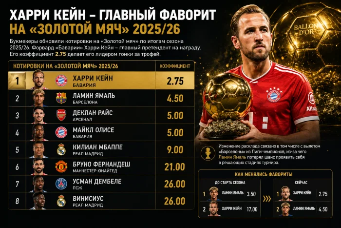 Эксперты считают Харри Кейна фаворитом в борьбе за «Золотой мяч» 2025/26